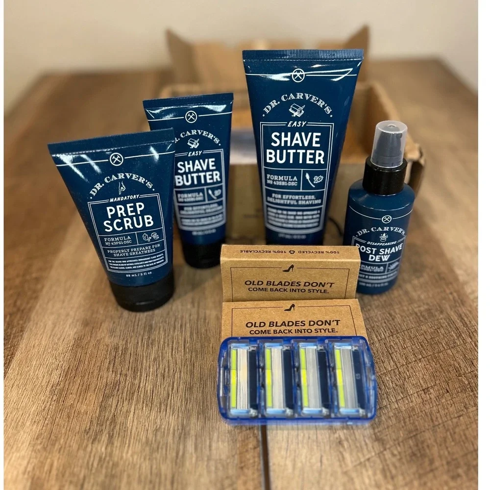 Dr Carvers Shave Butter Prep Scrub Post Shave Dew Razor Blade Set